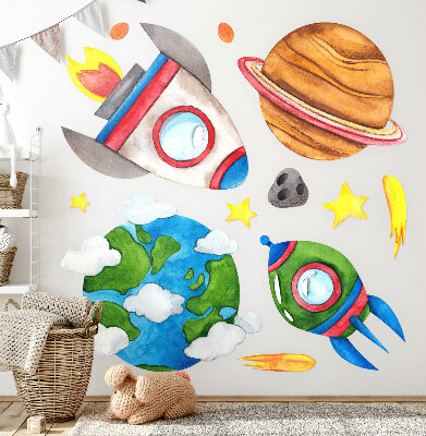 Autocollant mural 100x169 Aquarelle spatiale avec fusées et étoiles