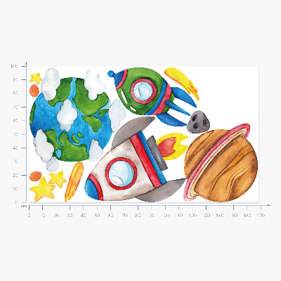 Autocollant mural 100x169 Aquarelle spatiale avec fusées et étoiles