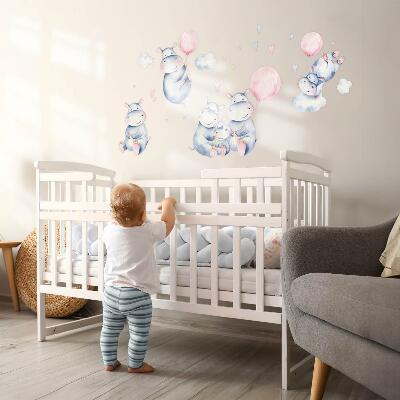Autocollant mural 100x169 Famille d'hippopotames avec des ballons et des nuages pastel