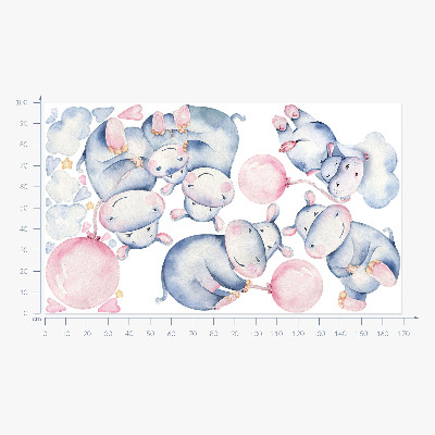 Autocollant mural 100x169 Famille d'hippopotames avec des ballons et des nuages pastel