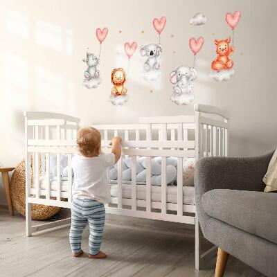 Autocollant mural 100x150 Animaux mignons sur des nuages avec des ballons pastel