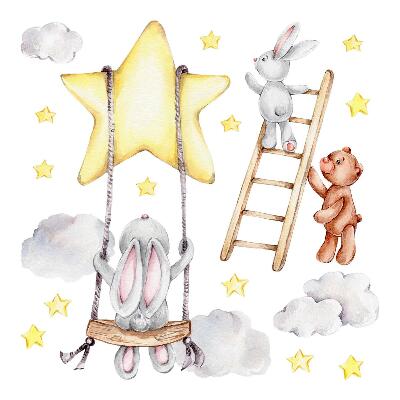 Autocollant mural 100x154 Aquarelle pastel animaux et nuages