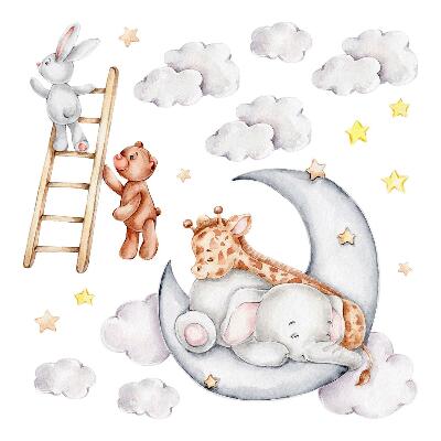 Autocollant mural 100x136 Animaux pastel dans les nuages et les étoiles