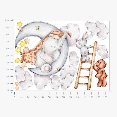 Autocollant mural 100x136 Animaux pastel dans les nuages et les étoiles