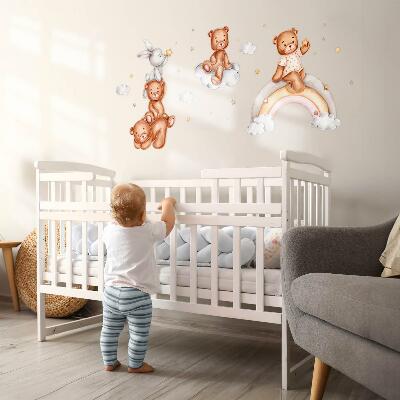 Autocollant mural 100x145 Des ours en peluche et un lapin dans un arc-en-ciel pastel et des nuages