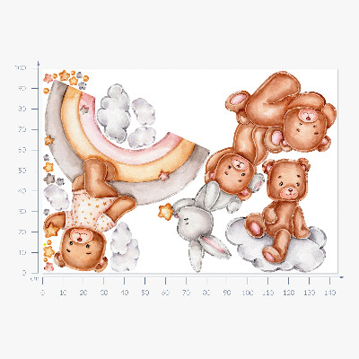 Autocollant mural 100x145 Des ours en peluche et un lapin dans un arc-en-ciel pastel et des nuages