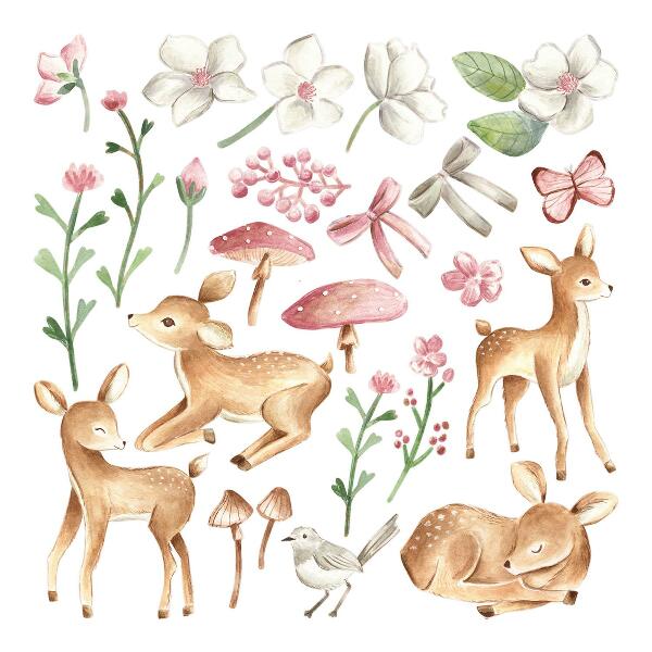 Autocollant mural 100x148 Animaux de la forêt à l'aquarelle pastel avec des cerfs