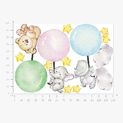 Autocollant mural 100x141 Petits animaux avec des ballons aux couleurs pastel