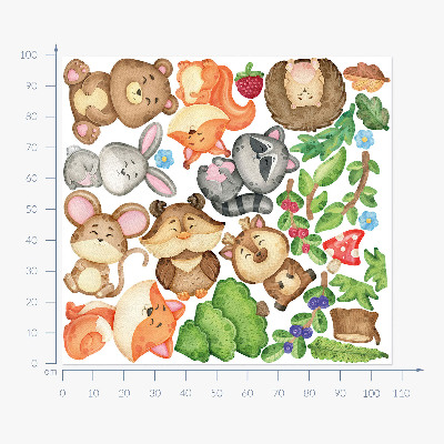 Autocollant mural 100x107 Animaux et plantes de la forêt dans un style aquarelle