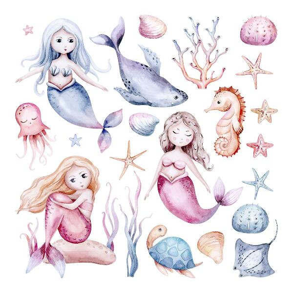 Autocollant mural 100x126 Un pays sous-marin de sirènes pastel et de faune