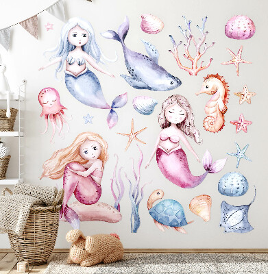 Autocollant mural 100x126 Un pays sous-marin de sirènes pastel et de faune