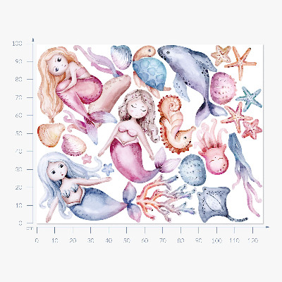 Autocollant mural 100x126 Un pays sous-marin de sirènes pastel et de faune