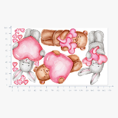 Autocollant mural 100x168 Aquarelle pastel avec des bols et des lapins dans des coeurs