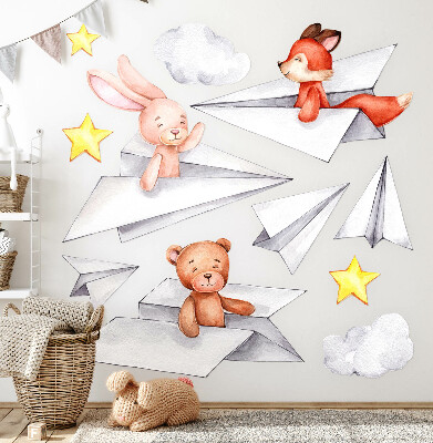 Autocollant mural 100x170 Animaux mignons dans des avions en papier