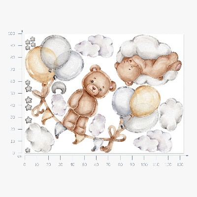 Autocollant mural 100x133 Ours en peluche dans des ballons pastel et des nuages