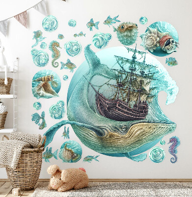 Autocollant mural 100x118 Royaume sous-marin avec un navire de dessin animé