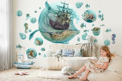 Autocollant mural 100x118 Royaume sous-marin avec un navire de dessin animé