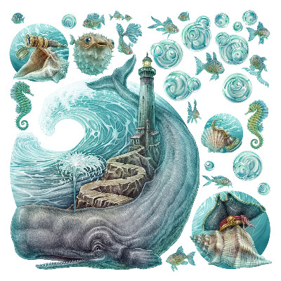 Autocollant mural 100x115 Un conte de fées sous-marin d'un phare aux pastels