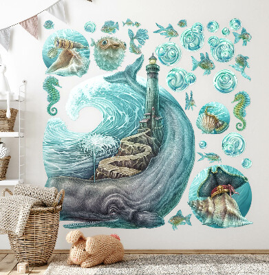 Autocollant mural 100x115 Un conte de fées sous-marin d'un phare aux pastels