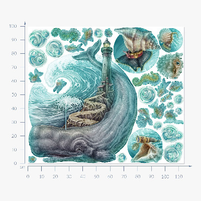Autocollant mural 100x115 Un conte de fées sous-marin d'un phare aux pastels