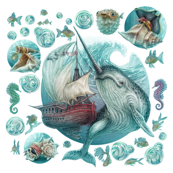 Autocollant mural 100x103 Un monde marin de conte de fées avec des animaux de dessins animés