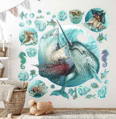 Autocollant mural 100x103 Un monde marin de conte de fées avec des animaux de dessins animés