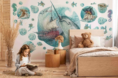 Autocollant mural 100x103 Un monde marin de conte de fées avec des animaux de dessins animés