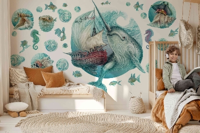 Autocollant mural 100x103 Un monde marin de conte de fées avec des animaux de dessins animés