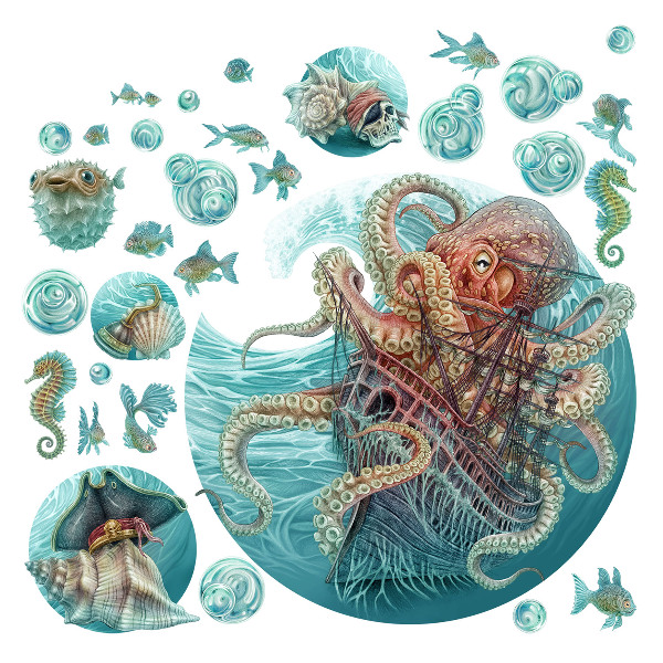 Autocollant mural 100x116 Le monde marin féerique des pieuvres et des navires