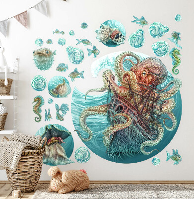 Autocollant mural 100x116 Le monde marin féerique des pieuvres et des navires