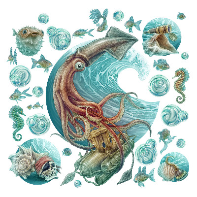 Autocollant mural 100x96 Un monde de conte de fées composé de créatures marines de dessins animés