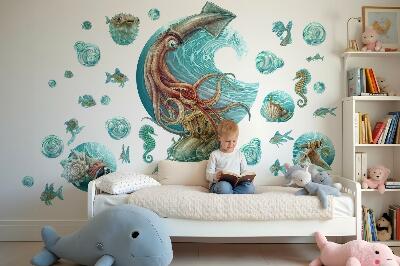 Autocollant mural 100x96 Un monde de conte de fées composé de créatures marines de dessins animés