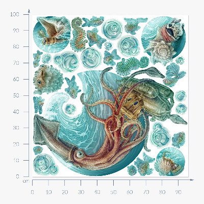 Autocollant mural 100x96 Un monde de conte de fées composé de créatures marines de dessins animés