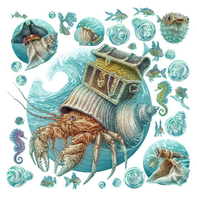Autocollant mural 100x105 Terres sous-marines de crabes au style pastel