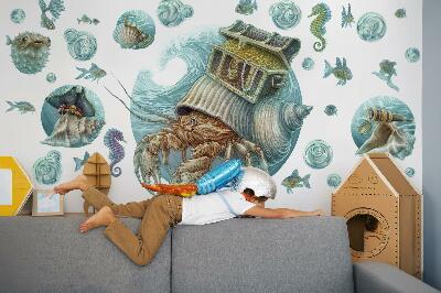 Autocollant mural 100x105 Terres sous-marines de crabes au style pastel