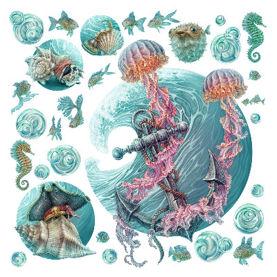 Autocollant mural 100x103 Un conte de fées sous-marin avec des méduses aux couleurs pastel