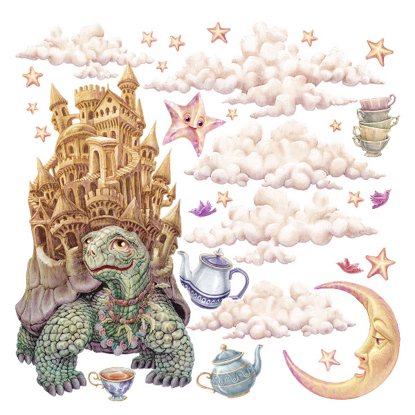 Autocollant mural 100x128 Animaux dans une esthétique de dessin au pastel