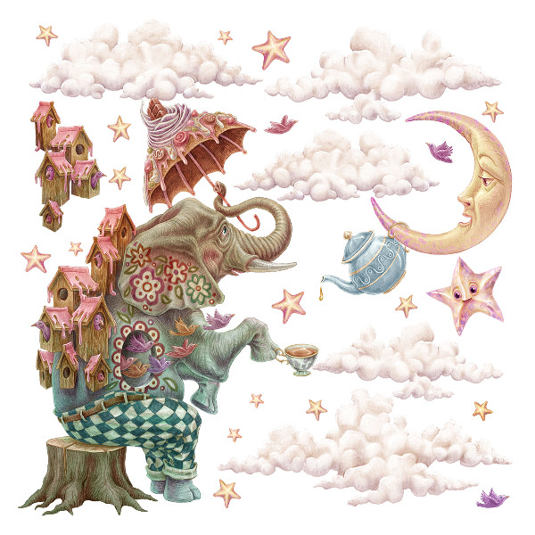 Autocollant mural 100x138 Un pays magique d'animaux dans un dessin au pastel