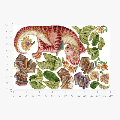Autocollant mural 100x149 Dinosaure rouge avec des dessins et des fleurs