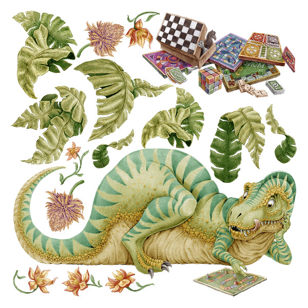 Autocollant mural 100x129 Motif dinosaure avec des feuilles et des fleurs aux couleurs pastel