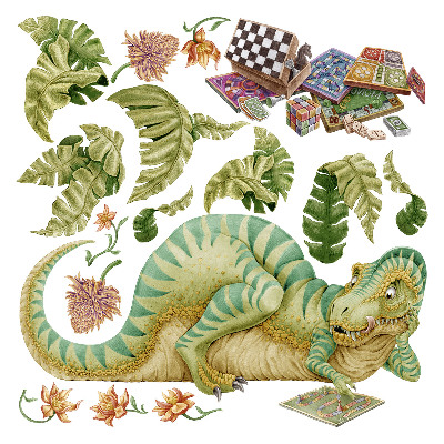 Autocollant mural 100x129 Motif dinosaure avec des feuilles et des fleurs aux couleurs pastel