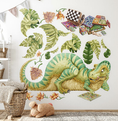 Autocollant mural 100x129 Motif dinosaure avec des feuilles et des fleurs aux couleurs pastel