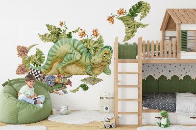 Autocollant mural 100x129 Motif dinosaure avec des feuilles et des fleurs aux couleurs pastel