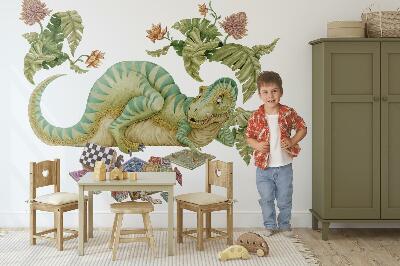 Autocollant mural 100x129 Motif dinosaure avec des feuilles et des fleurs aux couleurs pastel