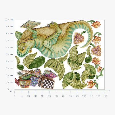 Autocollant mural 100x129 Motif dinosaure avec des feuilles et des fleurs aux couleurs pastel