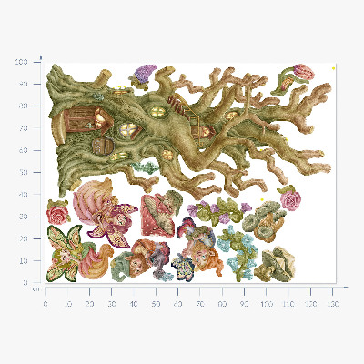 Autocollant mural 100x132 Créatures féeriques de la forêt et maison pastel