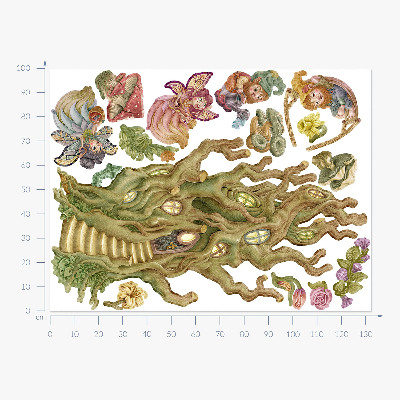 Autocollant mural 100x133 Créatures de la forêt et cabanes dans les arbres aux couleurs pastel