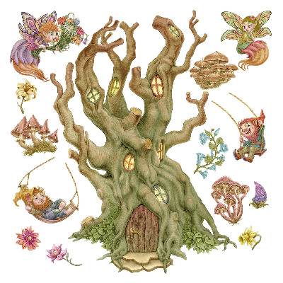 Autocollant mural 100x161 Magie de la forêt : des gnomes féeriques et une maison pastel