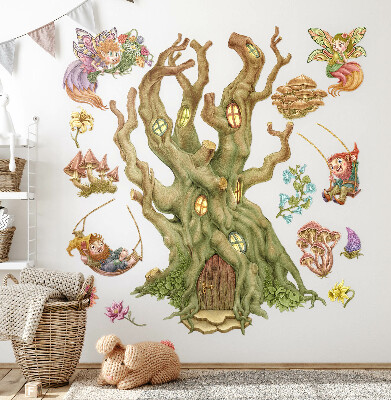 Autocollant mural 100x161 Magie de la forêt : des gnomes féeriques et une maison pastel