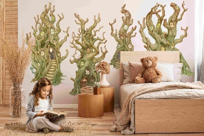 Autocollant mural 100x281 Charmantes cabanes forestières dans un style pastel